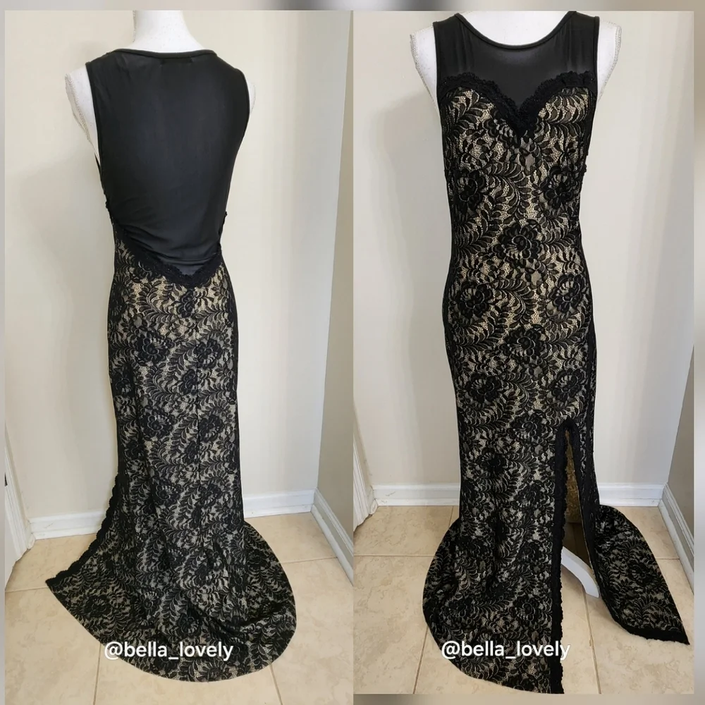 Formal Elegant Black Cream Lace Backless Sheer Back Dress - Picture 1 of 12